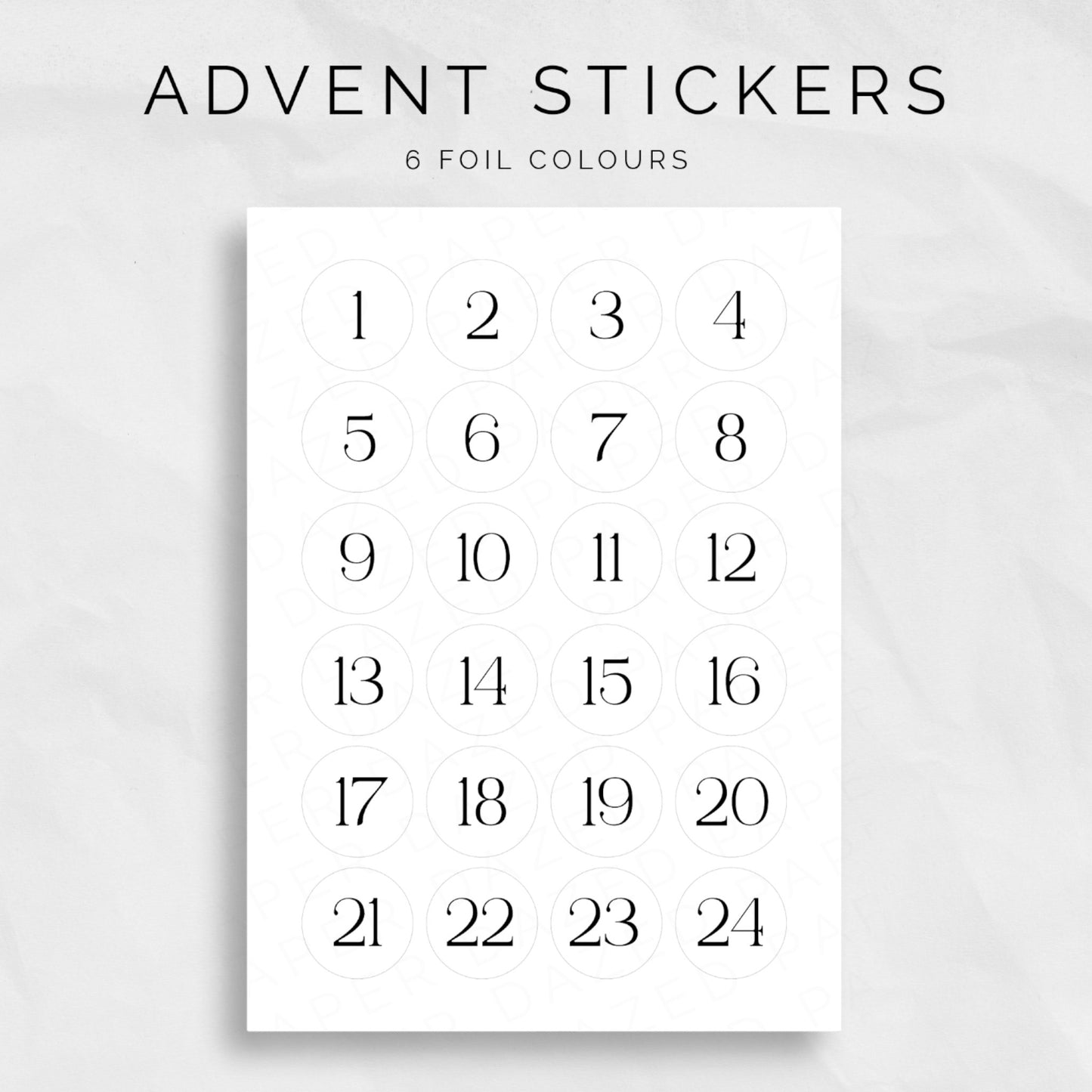 24 advent calendar number stickers in serif font with 6 foil colour options