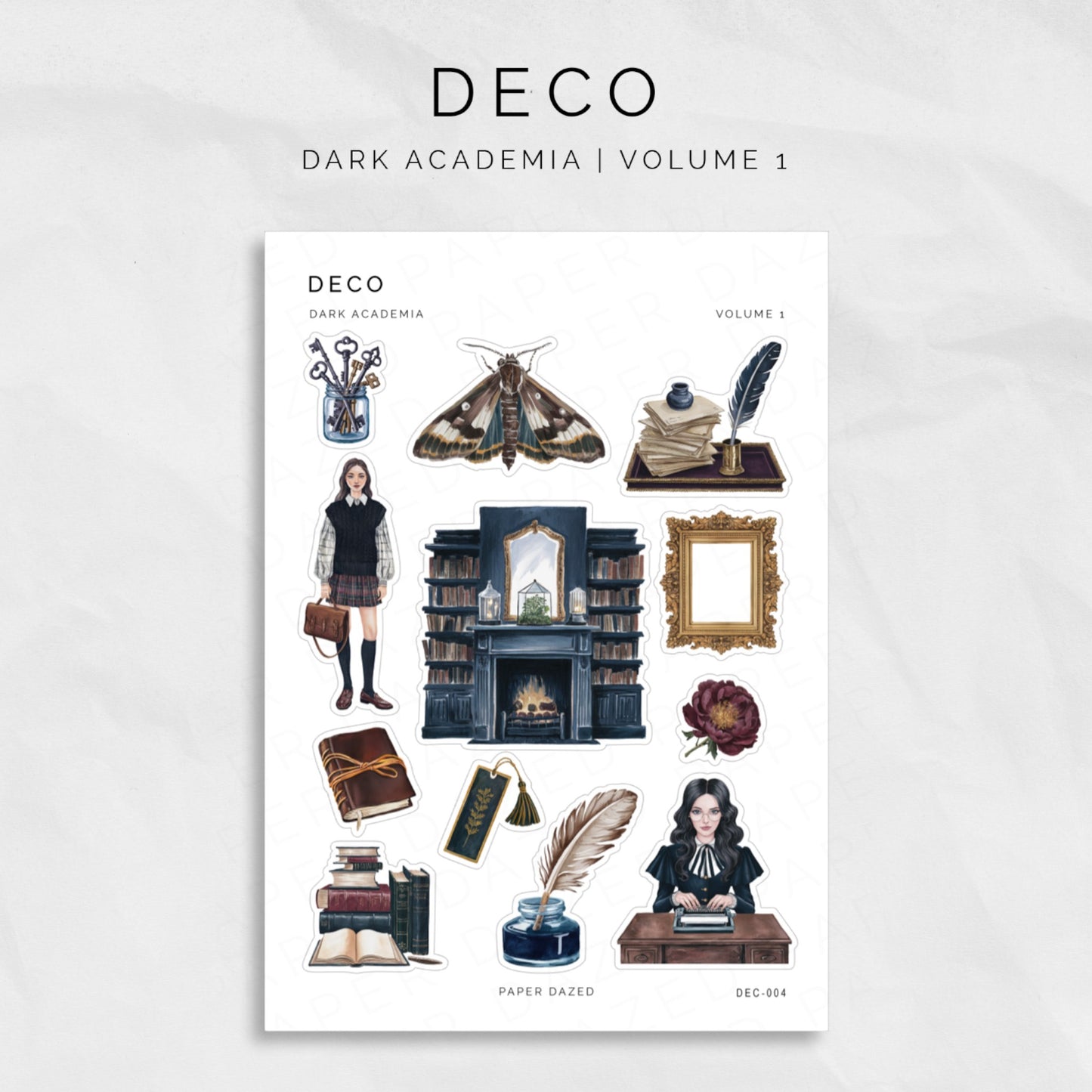 dark academia decorative planner stickers. graphics include keys, moths, academia girl, books, gold frames, quill and ink, boomarks, dark flowers and paper
