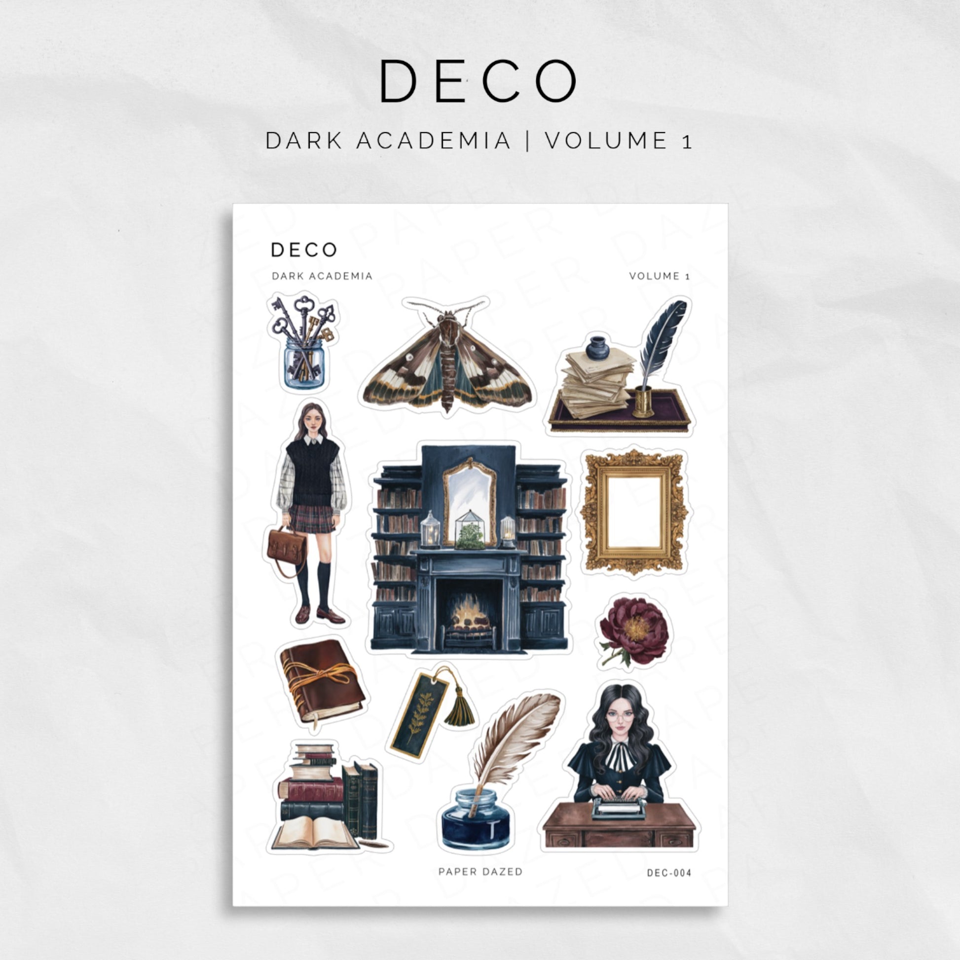 dark academia decorative planner stickers. graphics include keys, moths, academia girl, books, gold frames, quill and ink, boomarks, dark flowers and paper