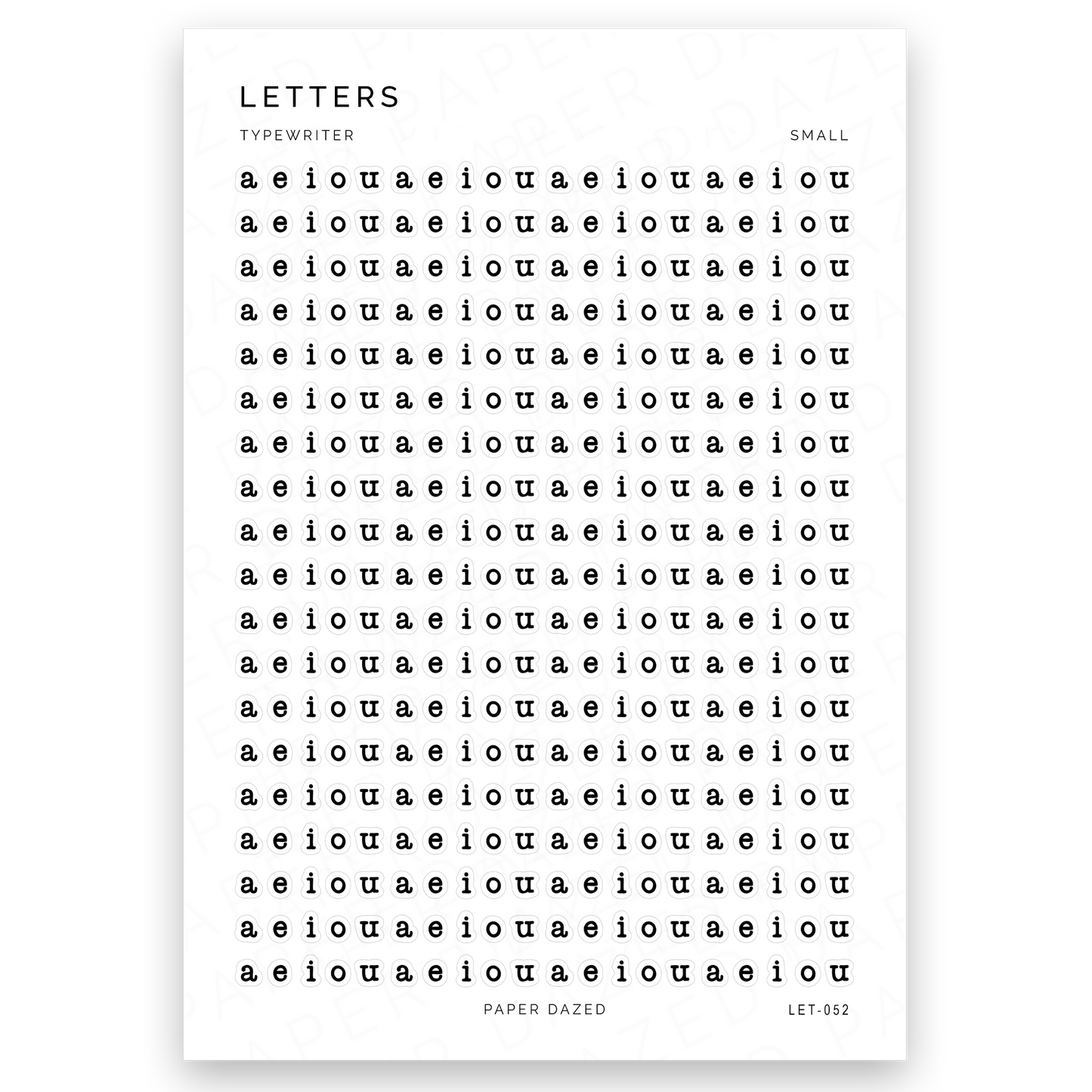 Small Typewriter Vowel Letters Sticker Sheet