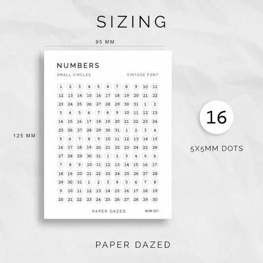 Small Date Dot Number Stickers - VINTAGE Font