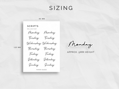 Weekly Script Stickers - MELLOW Font
