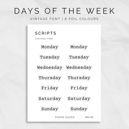 days of the week script stickers in a vintage typewriter font