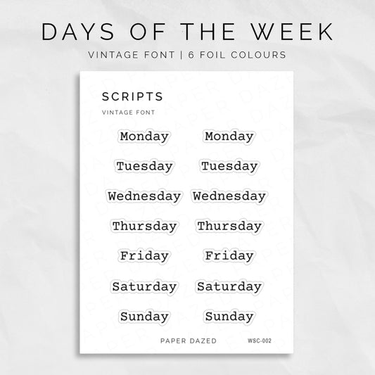 days of the week script stickers in a vintage typewriter font