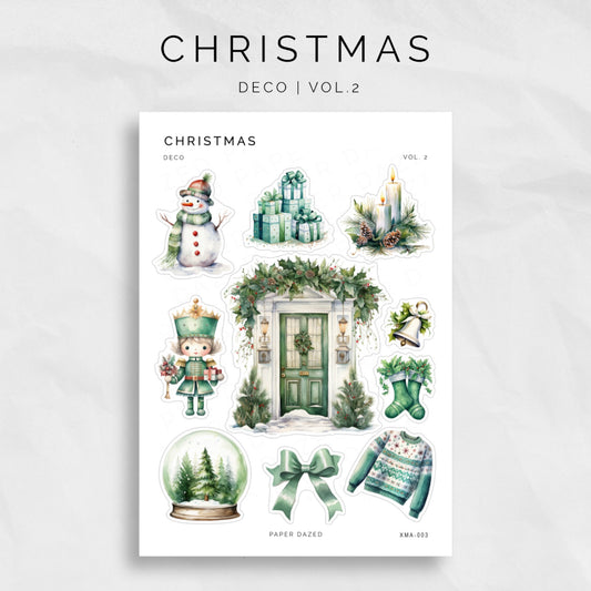 Green Watercolour Christmas themed decorative sticker sheet. Sticker sheet includes graphics: snowman, pile of presents, candles, nutcracker, bells, xmas sweater, stockings, snow globe, green bow and a christmas decorated door.
