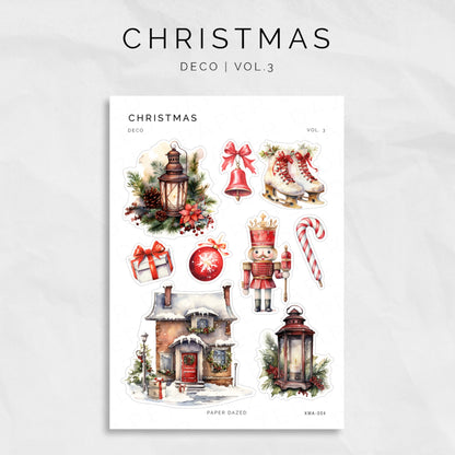 watercolour christmas themed  xmas sticker sheets with lanterns, bells, snow skates, nutcracker, baubles, presents, candycane, and snowy house.