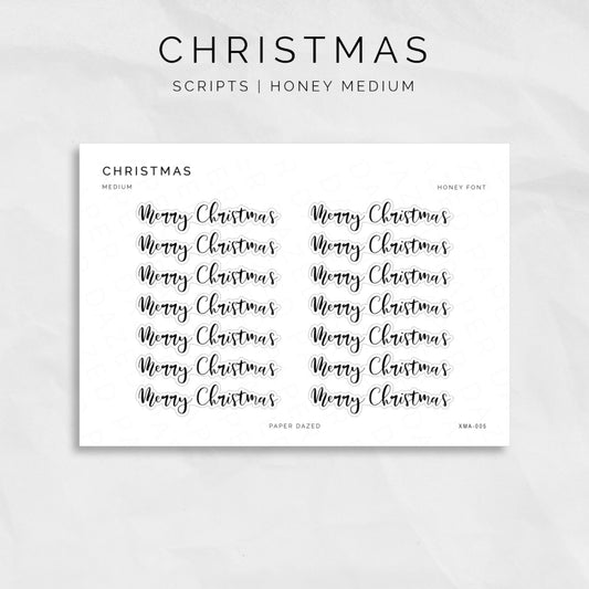 10mm height merry christmas script sticker sheet in 6 different foiled text colours perfect for scrapbooking, card making and journaling 