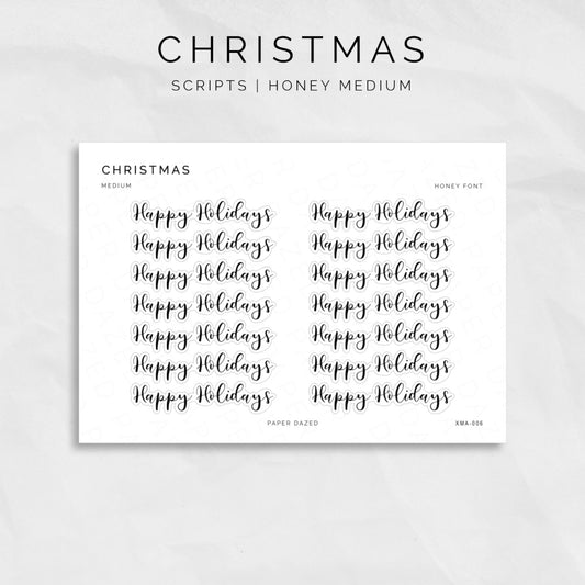 10mm height happy holidays script sticker sheet in 6 different foiled text colours perfect for scrapbooking, card making and journaling 