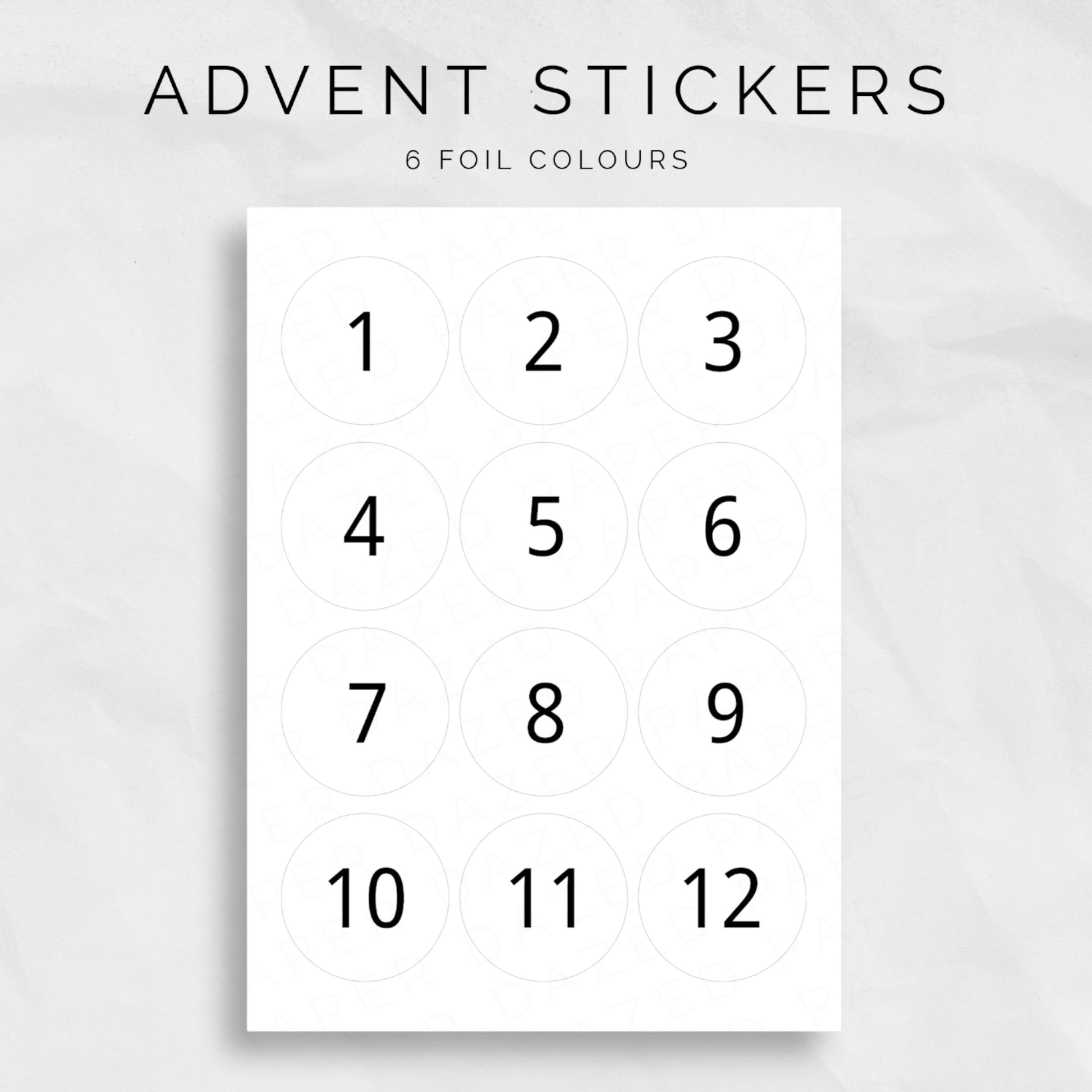 12 san serif advent calendar number stickers with 6 foiled colours