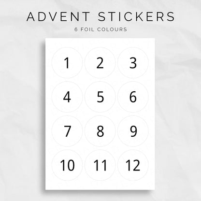 12 san serif advent calendar number stickers with 6 foiled colours