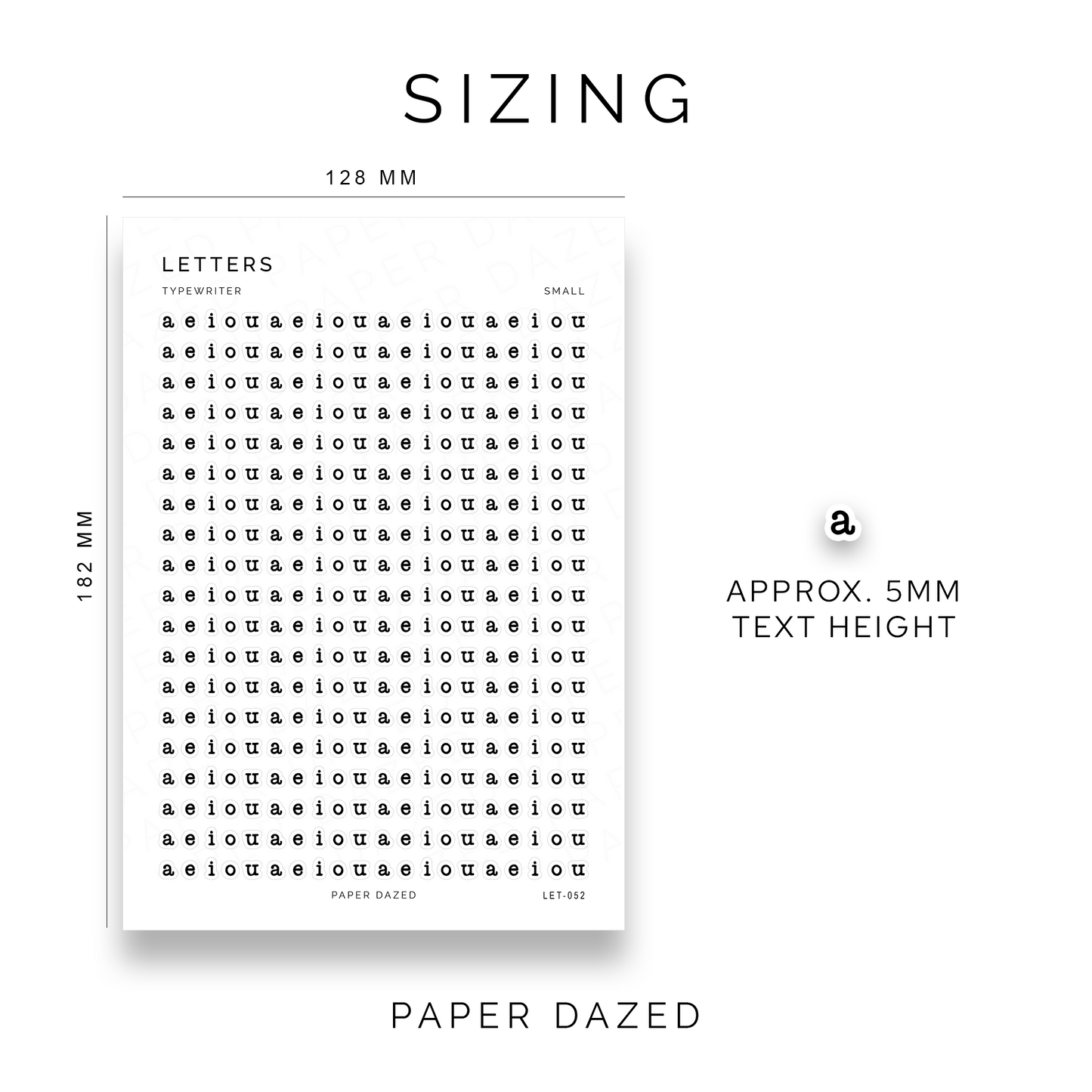 Small Typewriter Vowel Letters Sticker Sheet