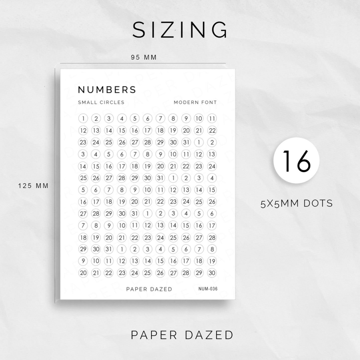 Small Date Dot Number Stickers - MODERN Font