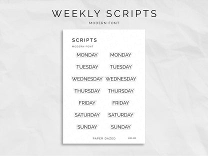 Weekly Script Stickers - MODERN Font